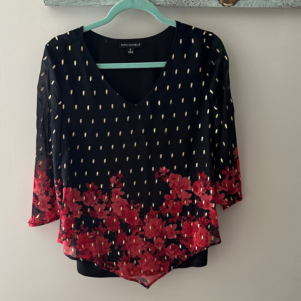 Sara Michelle Black Blouse with Red Floral and Gold Details